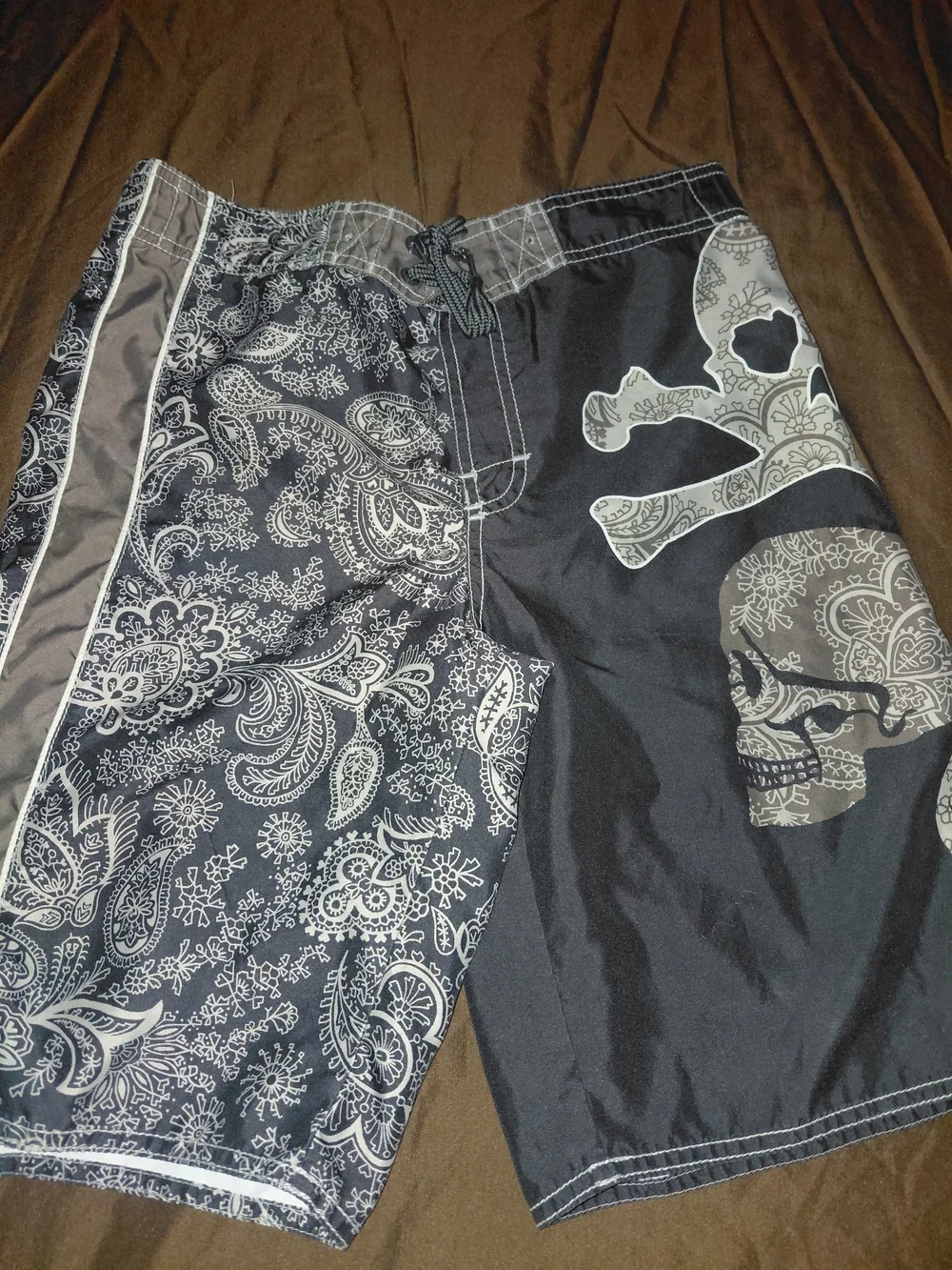 Old Navy Black and White Paisley Skull Boys' Swim Trunks